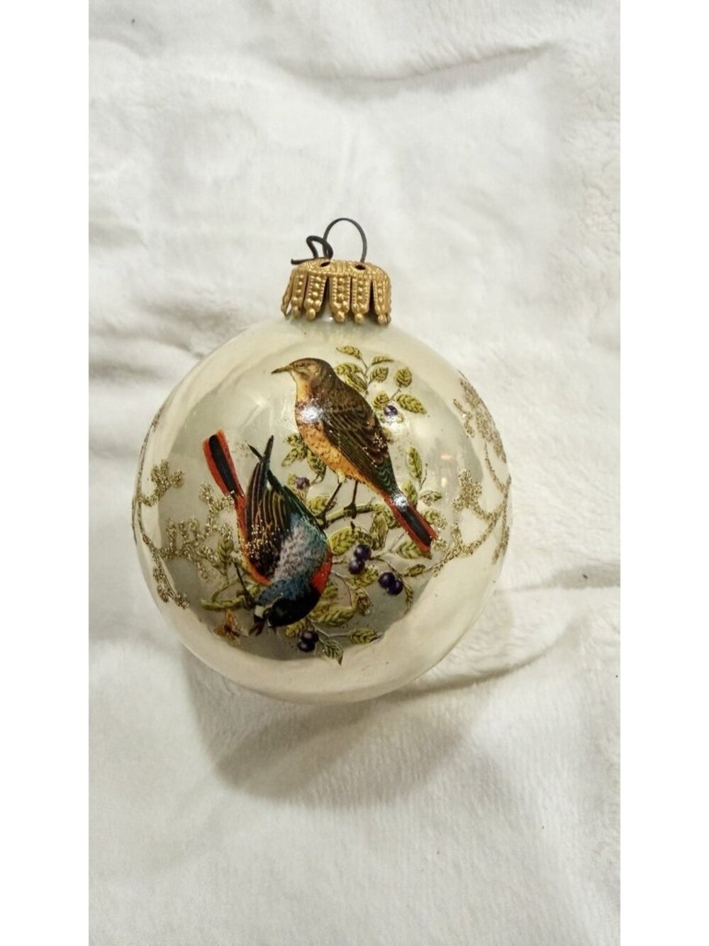 West Germany Glass Christmas Ornament Double Bird Berry Branch Glitter 1950s